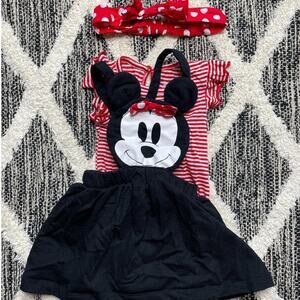 Disney Minnie Mouse Black and Red Overall Dress with Matching Bow Girl size 18mo